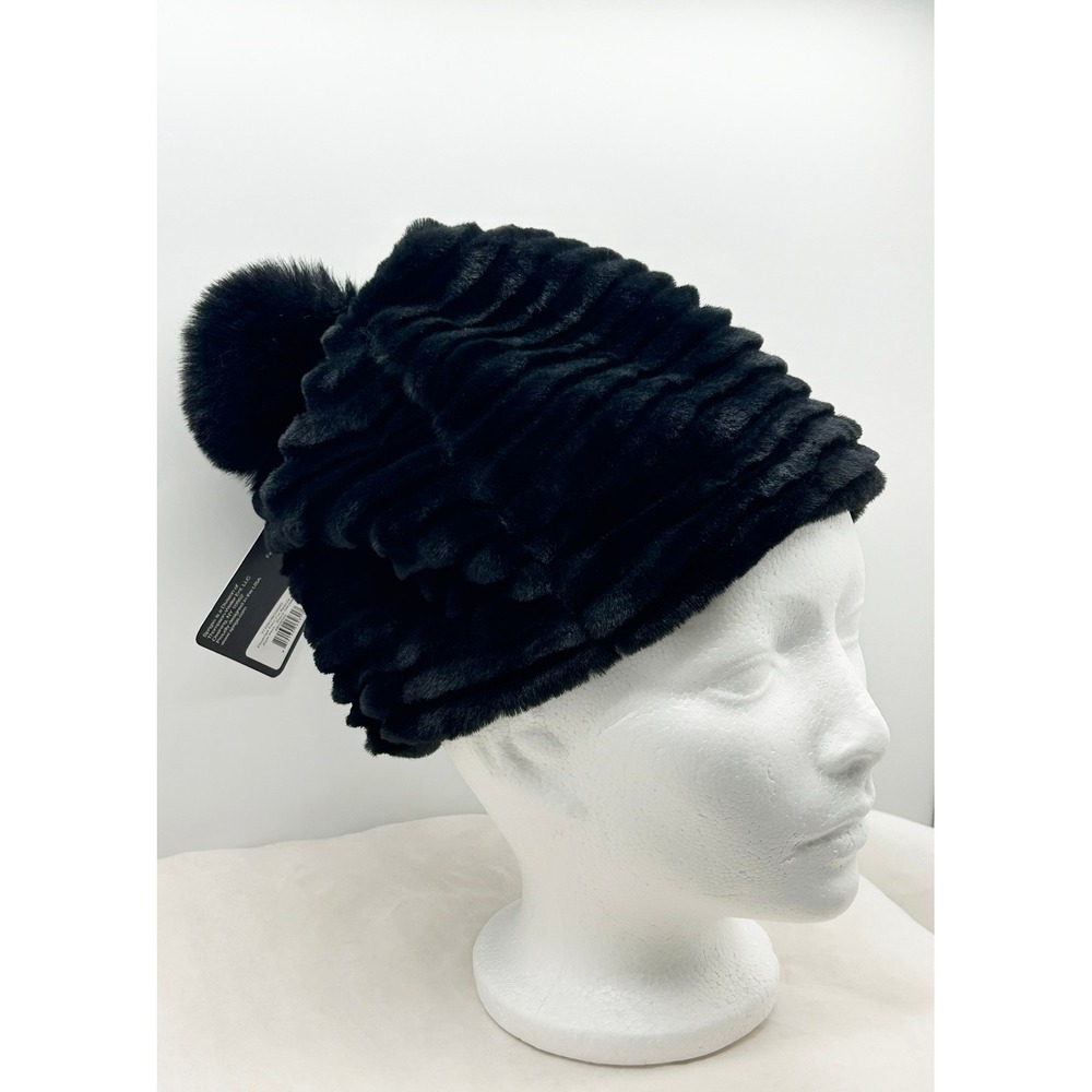 Sprigs Black Pinstripe Faux Fur Beanie Hat with Pom Pom S/M NWT A658660